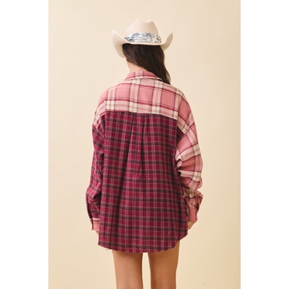 Pink Mauve Kambrie Button Down Plaid Patchwork Flannel Casual Shirt - Picture 8 of 8